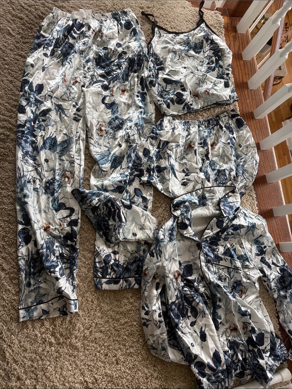 Floral Satin 4-Piece Loungewear Set - Navy & White